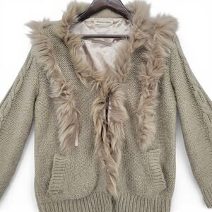 Vintage Faux‎ Fur Trim Cable Knit Cardigan Boho Cabin Core Cozy Chic